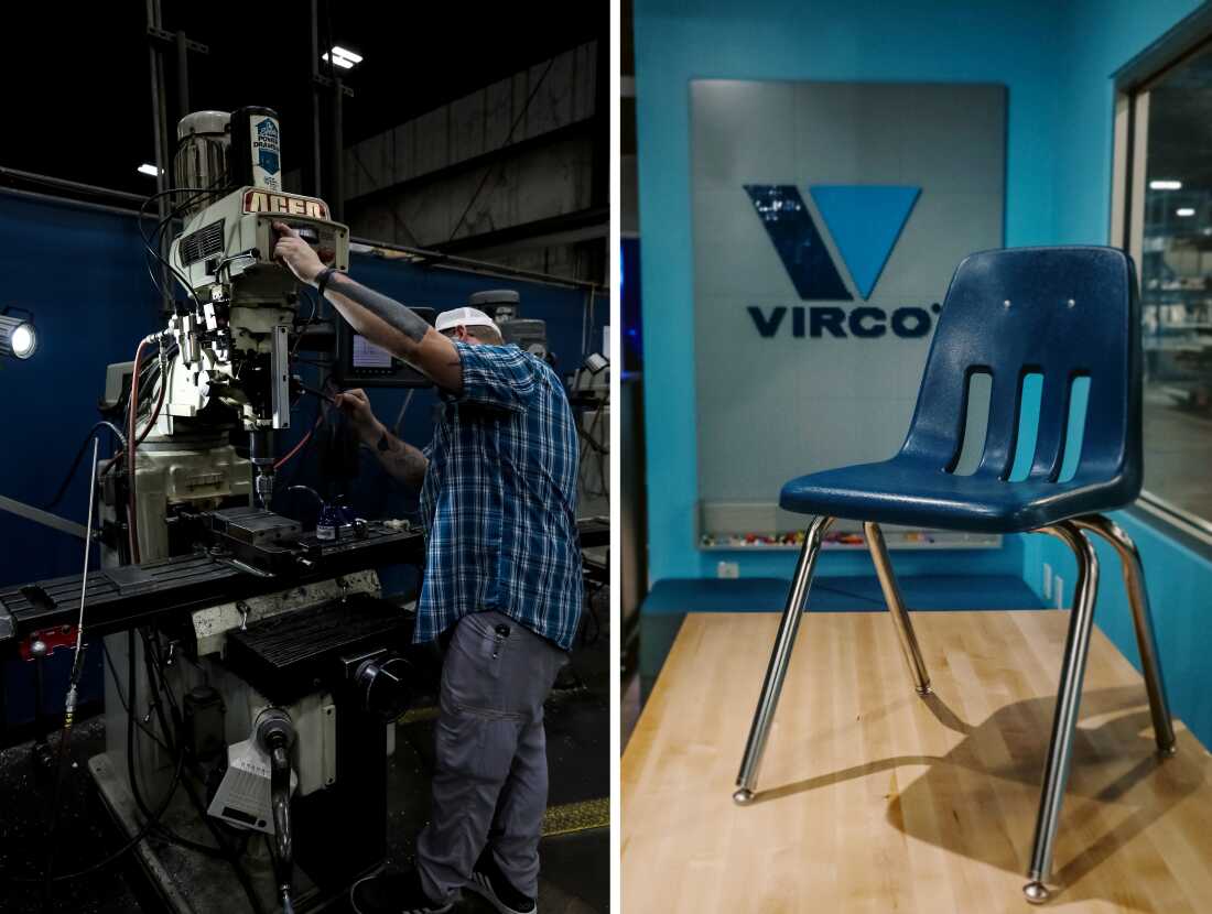 À gauche : l'apprenti Caleb Moss commence sa journée chez Virco Manufacturing à Conway, Ark., à 4 h 30. À droite : le produit le plus connu de Virco est sa chaise de la série 9000.