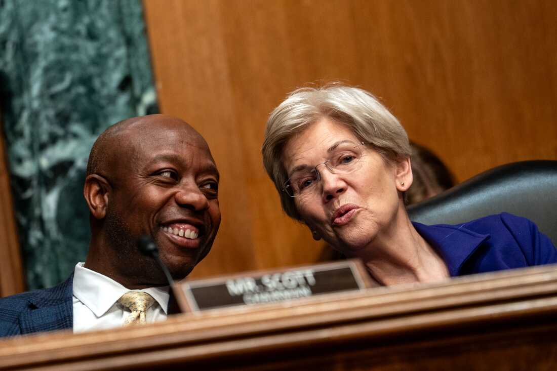Le sénateur Tim Scott, assis sur le côté gauche du cadre, discute avec la sénatrice Elizabeth Warren, assise sur le côté droit du cadre, lors d'une audience à Capitol Hill en juin 2025.