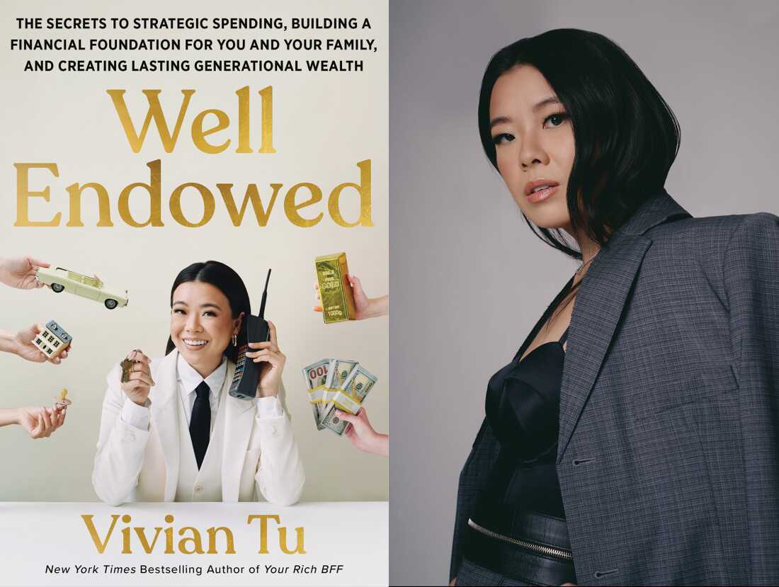 L'image de gauche montre la couverture du livre "Bien doté." La photo de droite est un portrait de l'auteur du livre, Vivian Tu.
