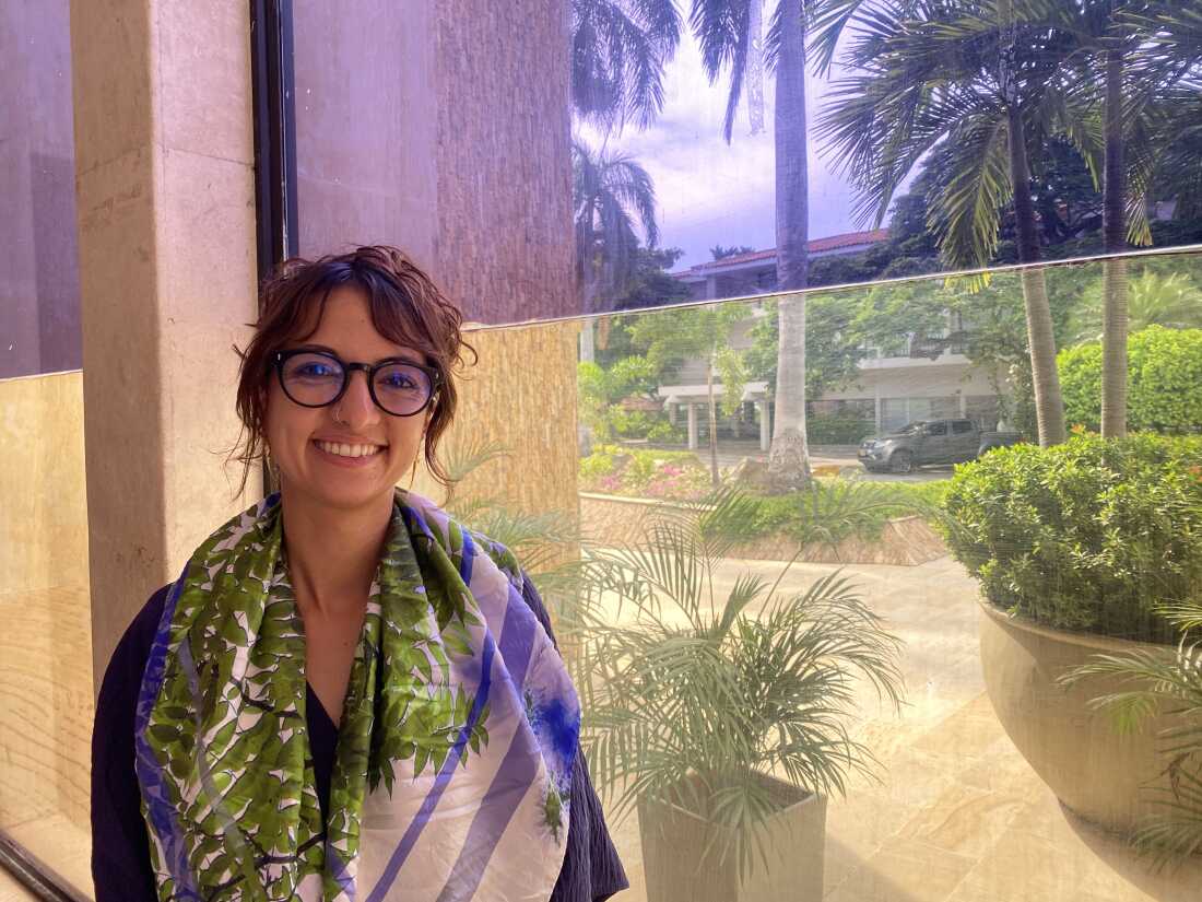 Daniela Durán, responsable des affaires internationales au ministère colombien de l'Environnement, se tient devant une fenêtre lors de la conférence.