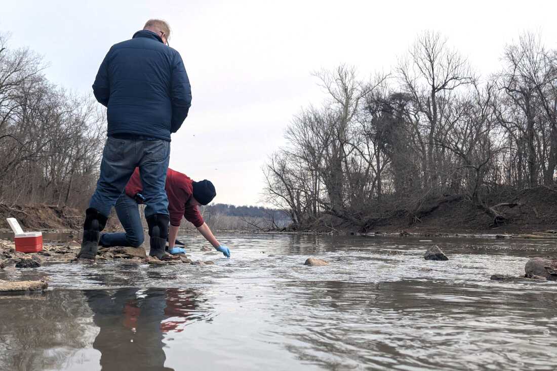 Deux hommes prélèvent des échantillons d'eau de la rivière Potomac, dans le Maryland, en janvier. Un homme porte des gants jetables bleus et s’accroupit pour plonger dans la rivière afin de prélever un échantillon.