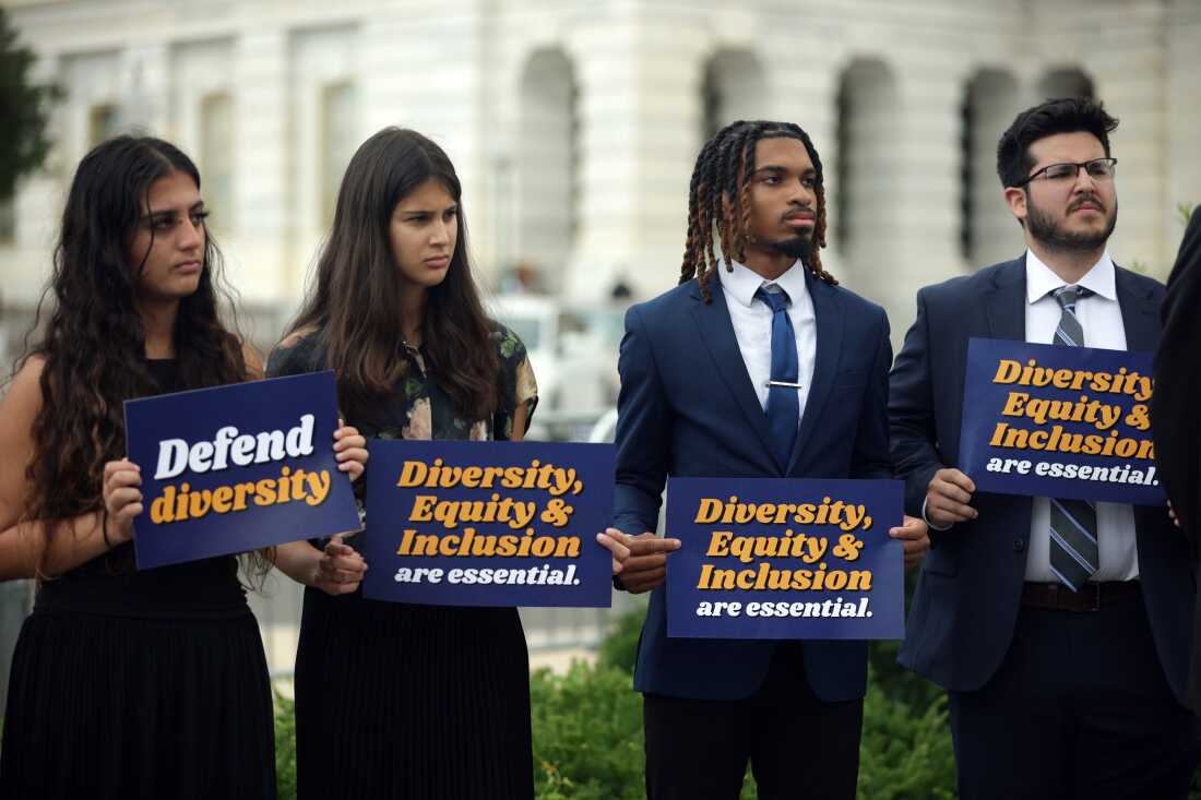 Des militants brandissent des pancartes lors d'une conférence de presse organisée par la représentante Ayanna Pressley sur les initiatives en matière de diversité, d'équité et d'inclusion, devant le Capitole des États-Unis, le 23 juillet 2025.