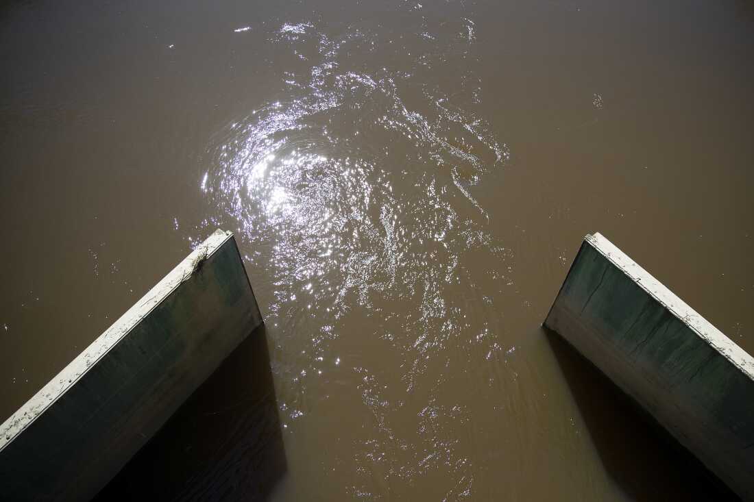 L'eau s'écoule entre la baie de Skagit et la digue de Tom Moore Slough, près de Big Ditch, le 8 avril 2026, près de Stanwood, Washington.