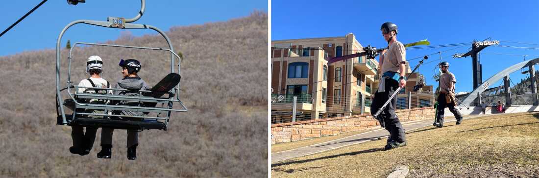 Des skieurs descendent une colline sans neige à Park City, dans l'Utah, le 19 mars 2026. Les niveaux de neige dans l'Utah culminent généralement au début du mois d'avril. Un hiver sec associé à un printemps chaud ont fait fondre la maigre couverture neigeuse de l'Utah plusieurs semaines plus tôt que la normale cette année.
