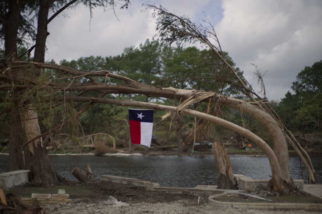 Un drapeau du Texas est suspendu à un arbre endommagé par les inondations sur la rive de la rivière Guadalupe à Kerrville, au Texas, après des inondations meurtrières en juillet 2025.