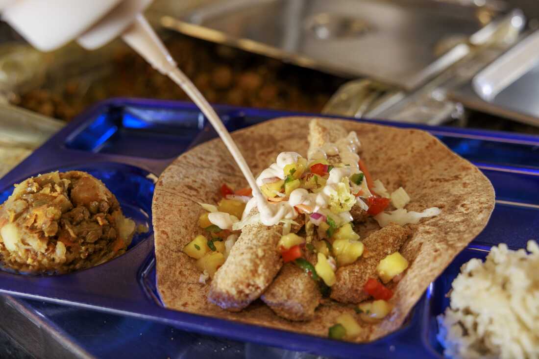 Cette photo montre une assiette de cafétéria bleue divisée en sections. Dans l'assiette se trouvent des morceaux de poisson et de la salsa sur une tortilla. Une sauce au yaourt est versée d'une bouteille sur le plat. Dans les sections de séparation de l’assiette se trouvent du riz à la coriandre et au citron vert et des lentilles.