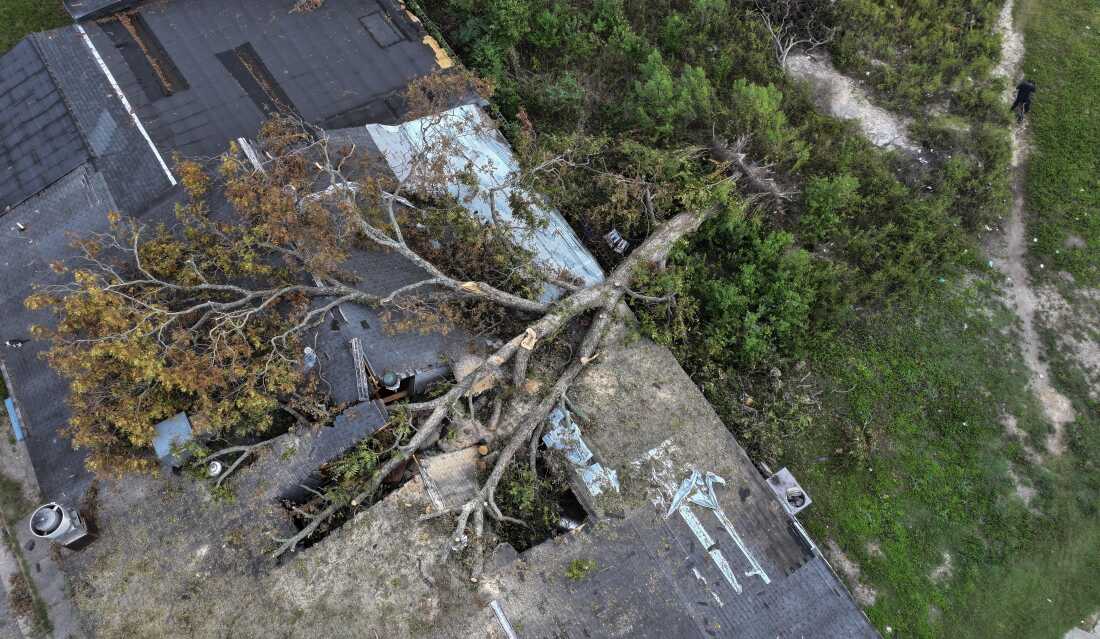 Sur cette vue aérienne, un arbre repose au sommet d'un bâtiment à Augusta, en Géorgie, après l'ouragan Helene en octobre 2024.