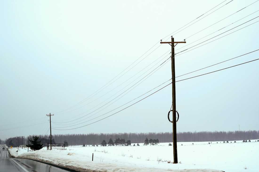 Des poteaux et des fils électriques le long de la M-32 près de Gaylord, dans le Michigan, Wanda Whiting, résidente, affirme que des lignes comme celle-ci étaient en panne lors de la tempête de verglas de mars 2025.