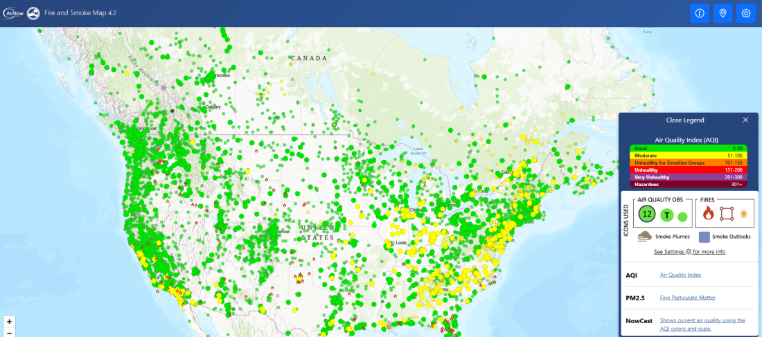 Les cartes des incendies de forêt et de la fumée comme celle-ci sur le site Web fire.airnow.gov du gouvernement fédéral ont été élaborées, en partie, à partir de recherches financées par le Service forestier des États-Unis.