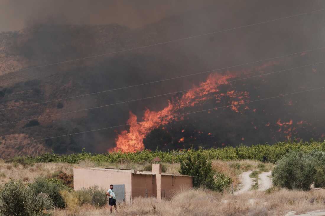 Un incendie de forêt fait rage vendredi à Alfajir, près d'Almeria, dans le sud-est de l'Espagne.