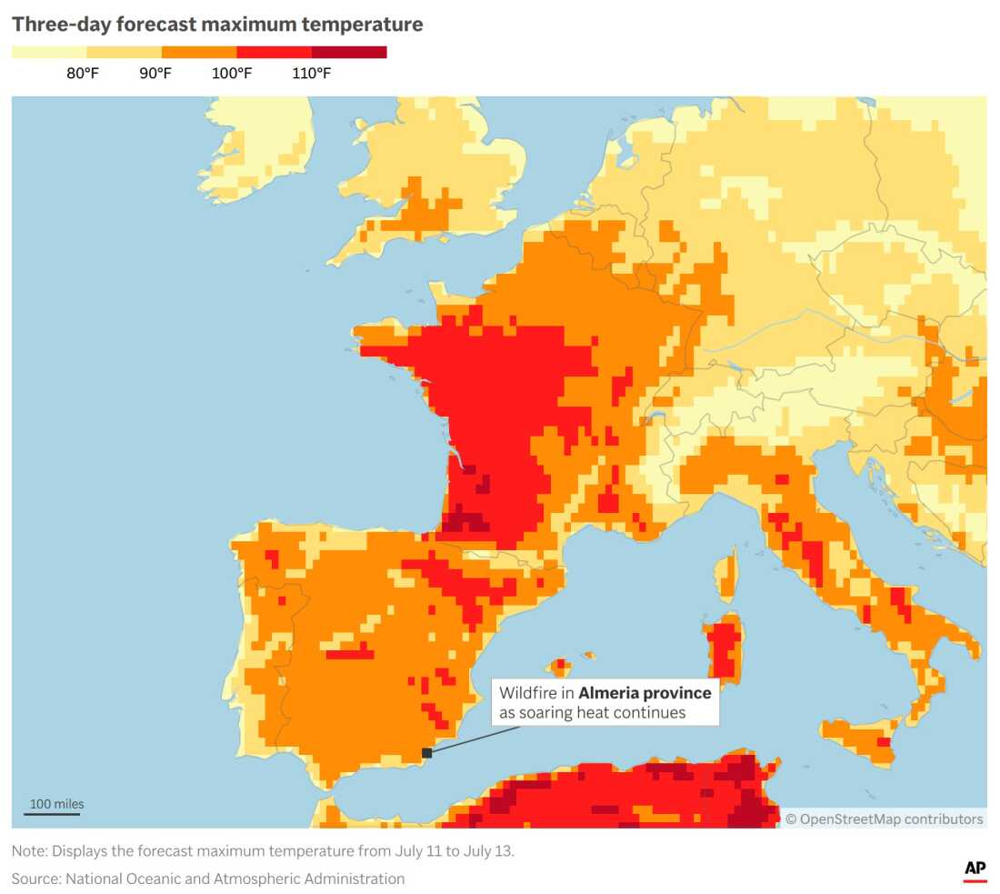 Une carte de l'Europe montre la province d'Almeria, dans le sud de l'Espagne, où un incendie de forêt s'est déclaré alors que les températures étaient élevées sur tout le continent.