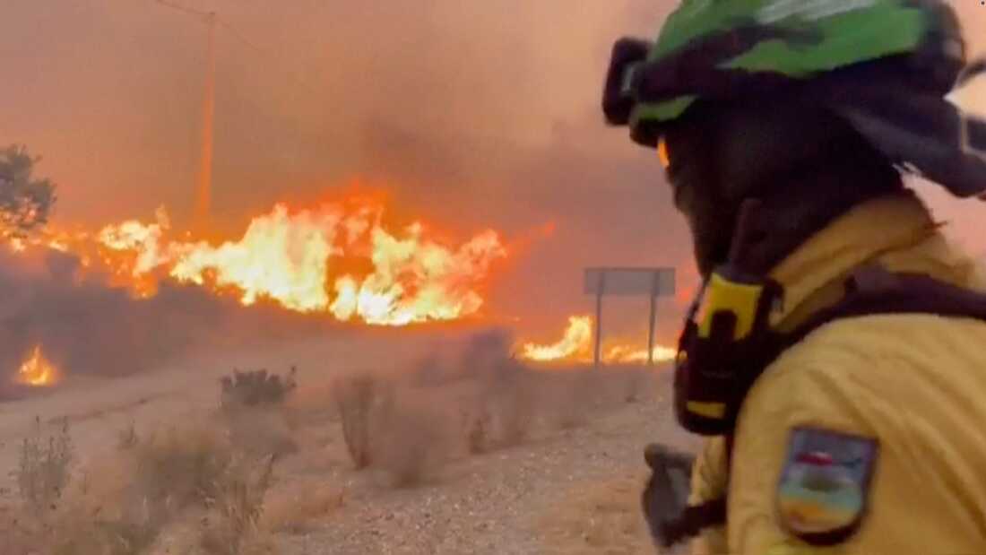 Cette image réalisée à partir d'une vidéo fournie par INFOCA montre des pompiers luttant jeudi contre un incendie de forêt près de Los Gallardos, à Almeria, en Espagne.