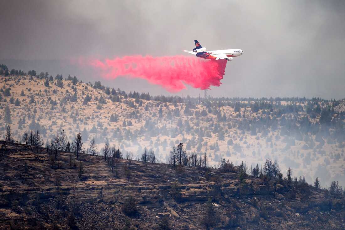 Un avion-citerne largue un retardateur tout en luttant contre l'incendie de Bench le samedi 25 juillet 2026, dans le comté de Jefferson, Oregon.