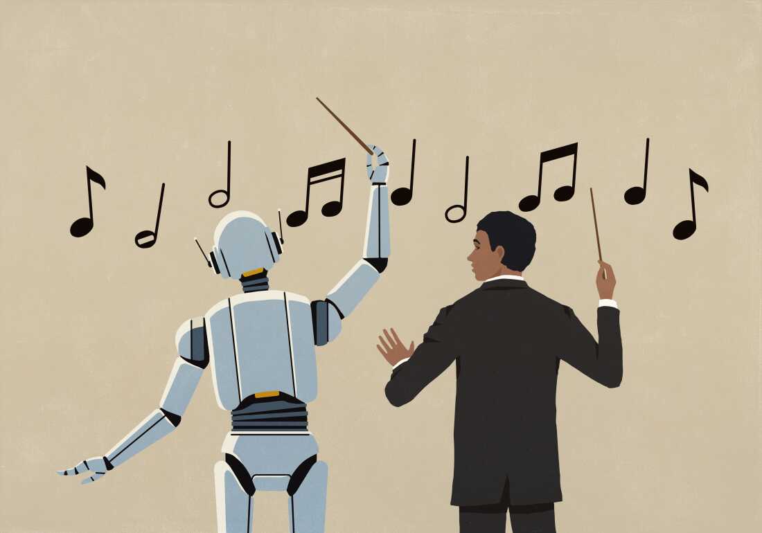 Cette illustration montre un chef d’orchestre debout à droite et un robot humanoïde debout à gauche, tous deux dos au spectateur. Chacun tient une baguette conductrice et une chaîne de notes de musique flotte devant eux.