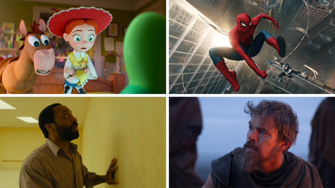 Dans le sens des aiguilles d'une montre en partant du haut à gauche : Toy Story 5, Spider-Man : Brand New Day, The Odyssey et Backrooms.
