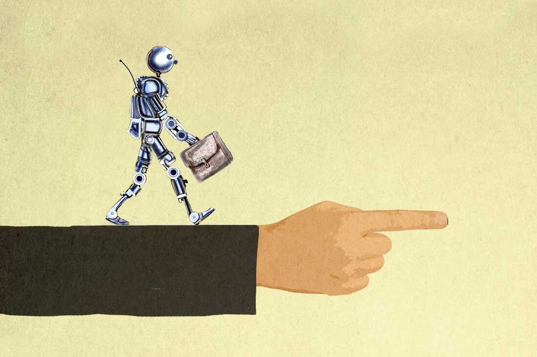 Cette illustration montre un robot humanoïde portant une mallette tout en marchant le long d'un grand bras pointé.