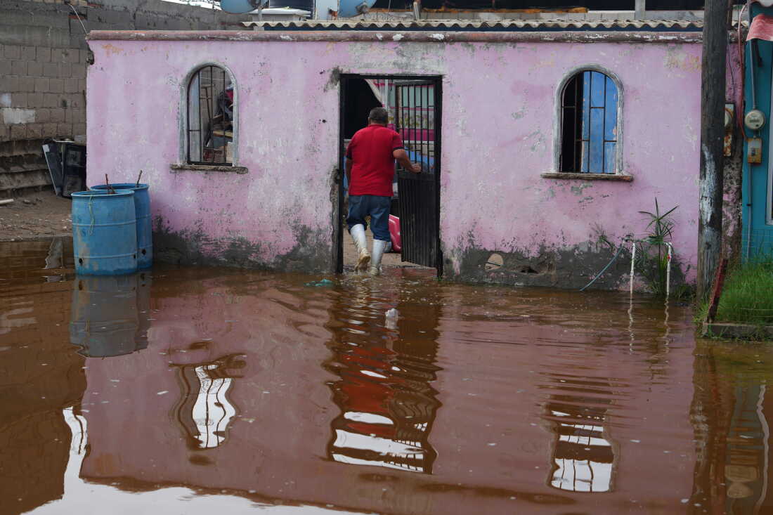 Un habitant entre dans sa maison entourée par l'eau apportée par l'ouragan Polo à Puerto San Carlos, dans l'État de Baja California Sur, au Mexique, le mardi 29 septembre 2026. (AP Photo/Eduardo Verdugo)