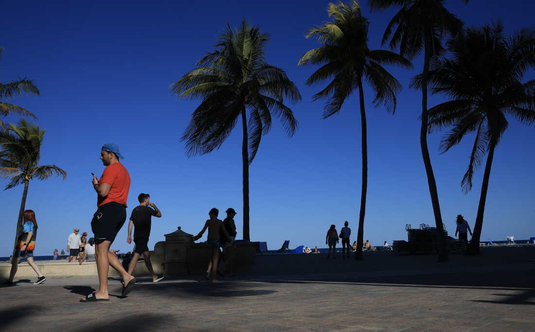 Des gens marchent dans une zone pavée près de la plage à Hollywood, en Floride, le 10 février. Des palmiers se dressent sur un ciel bleu.