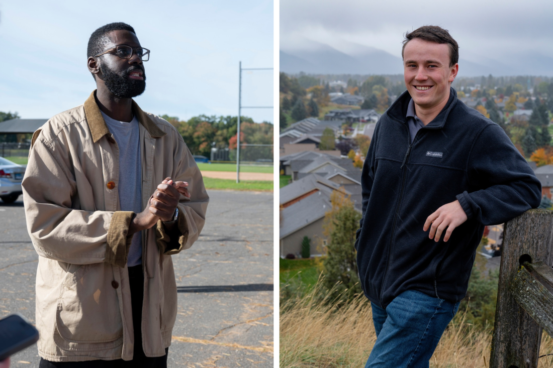 Gauche : Le démocrate Olaleye Onikuyide, 28 ans, est candidat au poste de représentant de l'État dans le Connecticut. À droite : le républicain Lukas Schubert, 21 ans, fait campagne pour sa réélection comme représentant de l'État du Montana. Onikuyide a les cheveux noirs courts et une barbe. Il porte des lunettes et une veste beige sur un T-shirt. Un terrain de sport est derrière lui. Schubert a les cheveux bruns courts et porte un pull en polaire bleu marine tout en posant son bras sur un poteau de clôture. Il y a un lotissement en bas de la colline derrière lui et des montagnes au loin.
