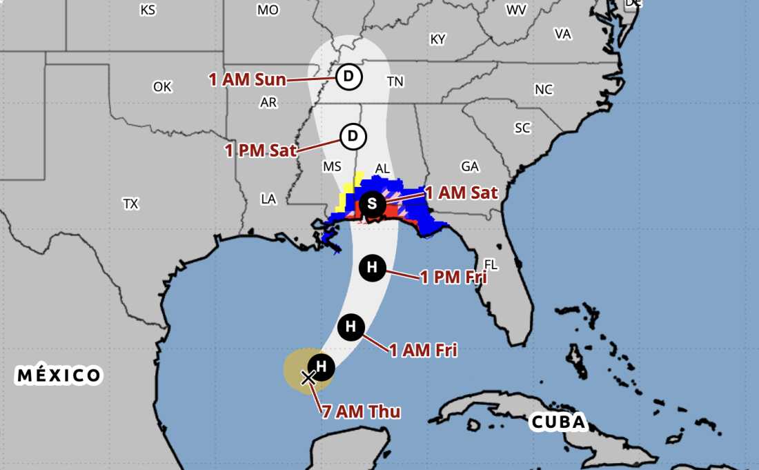 Un cône de prédiction montre la trajectoire probable de l’ouragan Isaias alors qu’il se dirige vers la côte nord du Golfe. Les prévisionnistes disent que la tempête entraînera des vents dangereux et une onde de tempête lorsqu'elle touchera terre.